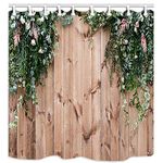 JOOCAR Bathroom Decorative, Wooden Fence Fresh Spring Greens Flowers and Leaf Plant on Wood Board, Waterproof Polyester Fabric Shower Curtain with 12 Hooks Siza: 72x72 Inch