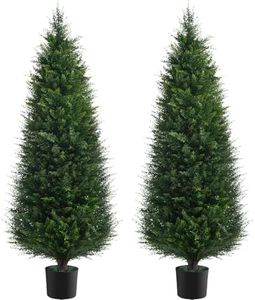 Chillchard Two 5ft Artificial Plants Topairy Faux Cedar Trees for Outdoor Planters, 60IN Tall Fake Pine Bushes UV Resistant Large Potted Shrubs for Front Porch Décor
