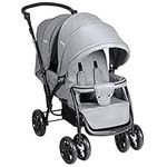 GYMAX Double Seat Stroller with Adjustable Push Handle and Foot Rest, Detachable Canopy, Foldable Baby Pushchair Buggy for Traveling, Going Shopping, Hanging Out (Gray)