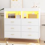 GarveeHome Dresser for Bedroom with 6 Drawers, Baby Changing Table Dresser with Changing Pad, LED Lights & Charging Station, Baby Changing Station with Changing Table Top, White