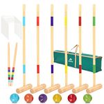 ApudArmis 32In Six Player Croquet Set with Deluxe Premiun Pine Wooden Mallets,Colored Ball,Wickets,Stakes - Lawn Backyard Game Set for Adults/Teens/Family (Large Carry Bag Including)