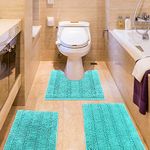 Striped Teal Green Bathroom Rug Set 3 Pieces Ultra Soft, Non Slip Chenille Toilet Mat, Absorbent Plush Shaggy Bath Mats for Bathroom, Bedroom, Kitchen, Turquoise