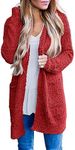 MEROKEETY Women's Long Sleeve Soft Chunky Knit Sweater Open Front Cardigans Outwear Coat, Red, Medium