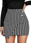 OYOANGLE Women's High Waist Work Houndstooth Print Asymmetrical Button Elegant Bodycon Mini Short Skirts Black and White XL