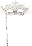 Seglorwy Womens Masquerade Mask Metal Rhinestone Venetian Halloween Christmas Evening Prom Ball Party Mask(White with Stick)