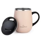 GRANDTIES Insulated Coffee Mug with Handle, Sliding Lid for Splash-Proof 16 oz Wine Glass Shape Thermal Tumbler with Double Walled Vacuum Stainless Steel to Keep Beverages Hot or Cold- Peach Crème