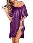 eshion Lady Satin Silk Sleepwear V Neck Nightgown Short Nightshirt with Chest Pocket(Purple,S)