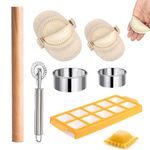 DI QIU REN 7 Pieces Ravioli Maker Mold Set, 10 Holes Ravioli Maker Press, Ravioli Mold with Wooden Rolling Pin, Ravioli Cutter, Circle Round Cutters and Dumpling Makers in 2 Sizes