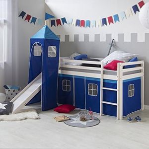 Homestyle4u 521, lit loft pour Enfants avec Toboggan, échelle, Tour, Rideau Bleu, Bois de pin Massif Blanc, 90x200 cm