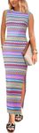 PRETTYGARDEN Womens Summer Sleeveless Tank Dress Crew Neck Striped Side Slit Bodycon Casual Maxi Dresses (Light Blue,XX-Large)