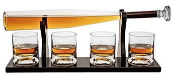 INOVIQUE Baseball Bat Whiskey & Wine Decanter (1000ML) Spirits Set | 4 Double Layered Baseball Glasses (350ML) | Mahogany Wood Holder Stand | for All Spirits, Wine, Liquor, Scotch and More