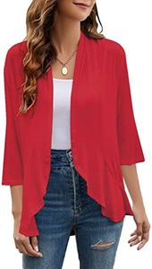 Yekaty Women Cardigan 3/4 Sleeves Open Front Lightweight Cardigan Draped Ruffles Knit Cardigan, Wine Red, X-Large