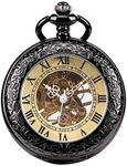 ManChDa Pocket Watch - Special Magnifier Cover Mechanical Pocket Watches Skeleton Hand Wind Steampunk Roman Numerals Antique Fob Watch and Chain + Gift Box, 2.black, S, Antique