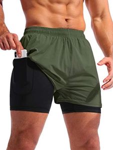 Pudolla Men’s 2 in 1 Running Shorts 5" Quick Dry Gym Athletic Workout Shorts for Men with Phone Pockets, Dark Green, Medium