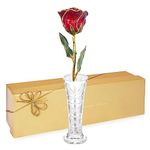 Forever Rose 24K Gold Dipped Ruby Red Rose, The July Birthstone, A Unique & Everlasting Real Red 24k Gold Dipped Rose, Hand Dipped, 11" to 12", with Elegant Clear Glass Bud Vase