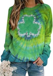 YMING Femmes Pulls en Vrac St. Patrick Sweat-Shirt Impression Trèfle Irlandais Sweat-Shirt Vert Tie Dye XL