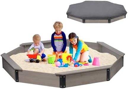 85''x78''x9'' Octagon Sandbox with Cover for Kids Outdoor Play, Wood Large Sandpit with 4 Benches, Quick Easy Install