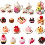 Chengu 40 Pcs 1:12 Scale Dollhouse Miniature Kitchen Accessories Set Includes 15 Flower Pattern Porcelain Tea Cup 24 Mixed Pretend Cake Foods 1 Mini Three-Tier Cake Stand for Decor Supply (Cute Style)