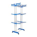 TNC Cloth Drying Rack Stand – Blue | 2 Pole 3-Tier Laundry Rack with Foldable Wings | Portable Clothes Drying Stand with Wheels for Indoor & Outdoor Use