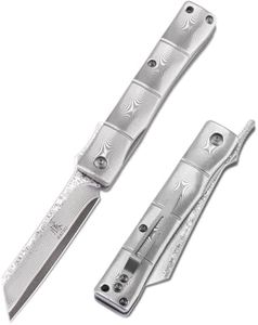 KATSU Handmade Full Damascus Steel Bamboo Style Japanese Razor Pocket Folding Knife with Pocket Clip