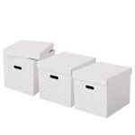 Esselte Large Storage Cubic Box With Lid, Pack Of 3, Home/Office Storage & Organisation, 100% Recycled Cardboard, 100% Recyclable, Geometric Design, White, 628288