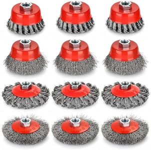 12PCS Wire Wheel Brush for Angle Grinder, 4” Wheel Brushes, 3” Cup Brush Set for 4 1/2 Grinders, 5/8 -11 Threaded Arbor, 0.020In Twisted Knotted Carbon Steel for Removal Rust