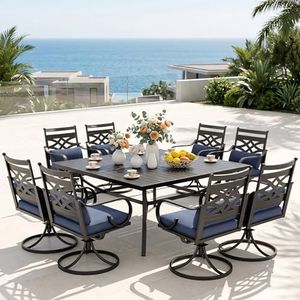 PHI VILLA 9 Pieces Outdoor Dining Set for 8, 60" Square Metal Table with Umbrella Hole & Wrought Iron Swivel Chairs, All Weather Outside Furniture with Blue Cushions & Pillows for Patio, Deck, Porch