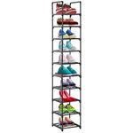 10 Tier Shoe Rack, Tall Shoe Storage Organizer, Vertical Shoe Stand Shelf, Narrow Shoe Tower for Closet, Living Room, Bedroom, Entryway, Grocery Room, Black