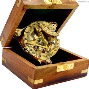 KHUMYAYAD Brújula de reloj de sol de latón con réplica náutica antigua con caja de palisandro