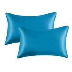 My home store Teal Blue Silk Pillow Cases 2 Pack - Antibacterial Hypoallergenic Travel Pillowcases Silk Standard Size 50x75 cm