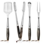 Grillaholics Premium BBQ Grill Tools - Luxury 4-Piece Barbecue Utensils Grill Set - Wooden Gift Box Includes Barbeque Tongs Meat Fork Grill Spatula & Basting Brush - Lifetime Manufacturers Warranty