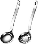 Collfa Soup Ladle Metal SUS304 Stainless Steel Ladles Spoon and Slotted Colander Spoon Set Small Soup Ladle with Holes Strainer Scoop Ladles for Serving Gravy Hot Pot Or Restaurant,2 Piece Set