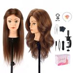 Mannequin Head with 100% Human Hair,TopDirect 18in Real Hair Cosmetology Mannequin Head Hair Styling Hairdressing Practice Training Doll Head with Clamp Holder and Tools (Brown Hairs Blue Eyes)