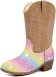 LAURMOSA Cowgirl Boots for Little Girls Mid Calf Pointed Toe Kid Cowboy Boots Side Zipper Classic Embroidered Western Boots Horse Riding Shoes Party for Toddler Little Big Kids, Rainbow Sequins, 6 Big