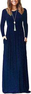MISFAY Women's Long Sleeve Loose Plain Maxi Dresses Casual Long Dresses Pocket, 1-ls Navy Blue, Small