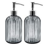 2 Pack Glass Soap Dispenser Bottle with Pump, 14 Oz Refillable Liquid Hand Jar Dispenser for Bathroom, Countertop, Kitchen, Laundry Room (Dark Grey)