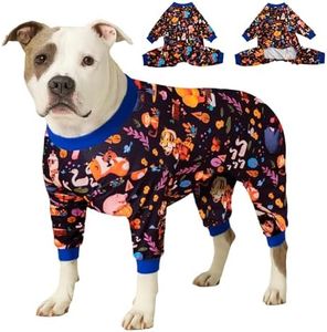 LovinPet Full Onesie for Large Dog, Lightweight Stretchy Fabric, Woodland Musicians Black Print Dog Pajamas, UV Protection, Lage Breed Dog Jammies, Pet PJ's/XXL