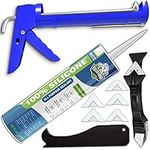 White Silicone Sealant + Caulk Gun + Caulking Tool Kit - All-Purpose 100% Silicone Caulk (10 oz Tube), with Dripless Gun, 3-in-1 Scraper/Smoothing Tool, Multi-Use Handheld Finishing and Scraping Tool