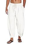 COOFANDY Men's Cotton Linen Harem Pants Drawstring Casual Cropped Trousers Lightweight Loose Beach Yoga Pants with Pockets White