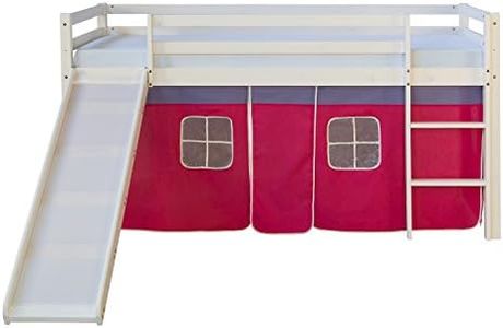 Homestyle4u 540, lit loft pour Enfants avec Toboggan, échelle, Rideau Rose, Bois de pin Massif Blanc, 90x200 cm