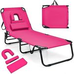 Giantex Folding Beach Tanning Chair - Adjustable Patio Lounge Chair w/Face Hole, Removable Pillows, Carry Strap, Layout Chair, Sunbathing Chaise Lounge Outdoor for Poolside Yard Lawn (1, Pink)