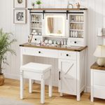 CHARMAID Farmhouse Vanity Desk with Barn-Style Sliding Mirror and Lights, Glass Tabletop Makeup Vanity Desk with Drawers & Shelves, 42 inches Rustic Vanity Dressing Table with Stool