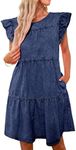 luvamia Ruffle Sleeve Babydoll Dress for Women with Pockets Jean Dresses for Women Denim Casual Dress Womens Babydoll Dress Summer Dresses for Women 2024 Reef Blue Size X-Small Fits Size 0 / Size 2