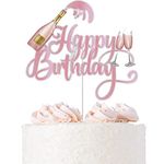 Champagne Happy Birthday Cake Topper Celebrating Cheers to 21 30 40 50 60 Years Theme Birthday Party Decoration Supplies Pink Rose Gold Glitter Beers Wine Glass Cake Decor for Men Women