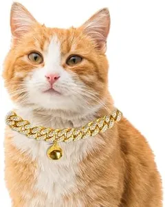 Halukakah Cat Collar - Carat - Iced Out Diamond Cuban Link Gold Chain for Cats & Kittens - 18k Real Gold Plated 9" Collar Size - with Bell - for Decoration Only - Get Your Cat Catwalk Ready