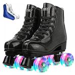 Roller Skates for Women Men Shiny PU Leather High-top Roller Skate Shoes for Beginner Classic Double-Row Roller Skates, Indoor Outdoor Roller Skates (Crystal Black Flash Wheels,40)