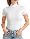 Mock Turtleneck Short Sleeve Tops for Women,Womens Mock Neck Fitted Tops Floral Print Base Layer Tee, White, Large