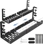 Extendable Under Desk Cable Management Tray No Drilling Metal Cable Management Tray Under Desk with Clamp, Retractable Power Strip Cord Holder for Wire Management