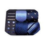 Barry.Wang Designer Mens Tie Sets Collection, Eleagnt Gift Box Tie Clips Handkerchief Cufflink Set, Blue, One Size