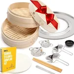 10 Inch Bamboo Steamer Basket with Steamer Ring- Steaming Basket for use as Dumpling Steamer, Bao Steamer, Dim Sum Steamer, Bun Steamer Basket Bamboo- Includes 2 Dumpling Maker Molds, 40 Liners & More